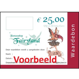 Papieren Kadobon voor de Fairyland Winkel in Aarle-Rixtel ter waarde van 25 euro